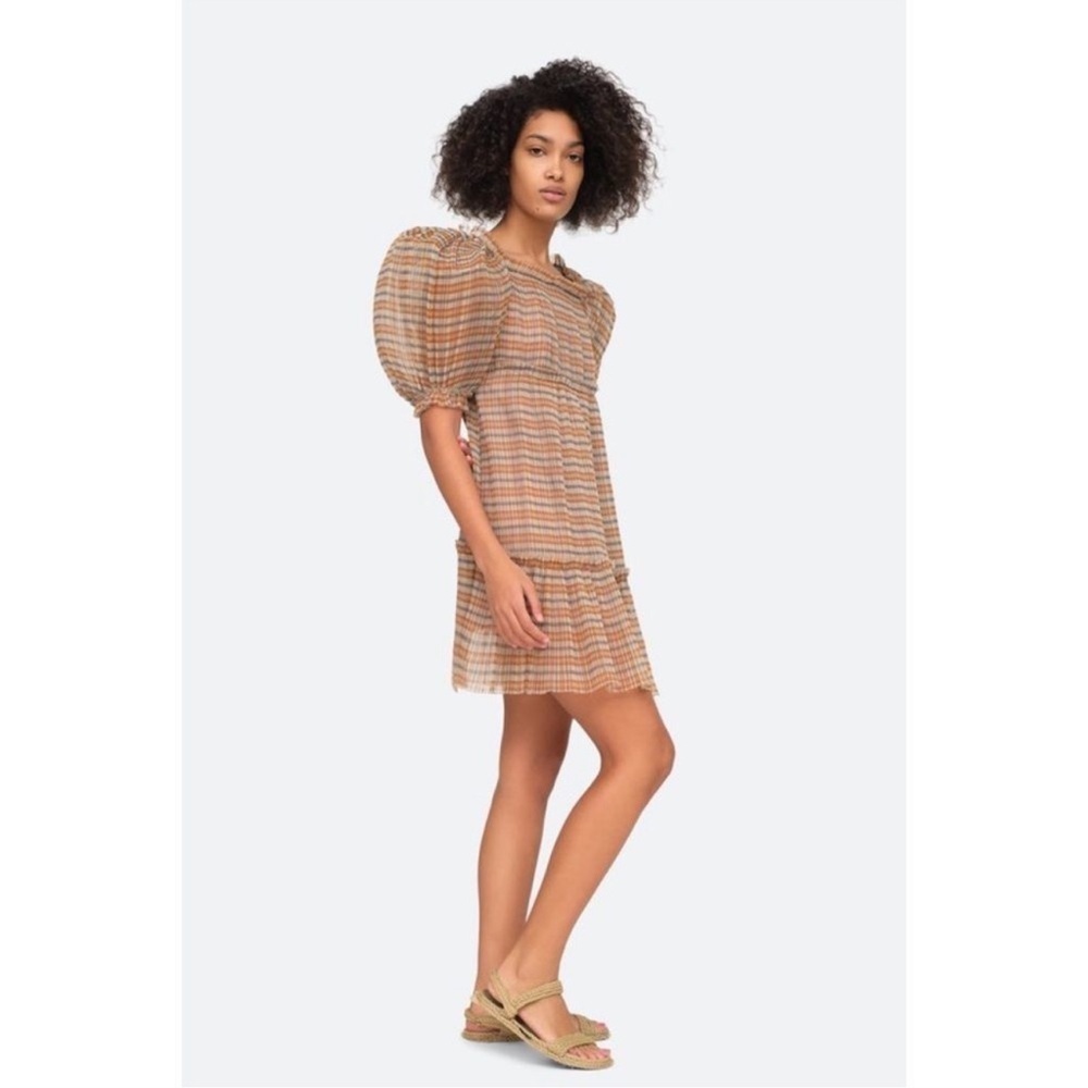 Sea New York Beige Striped Puff-Sleeve Mini Dress